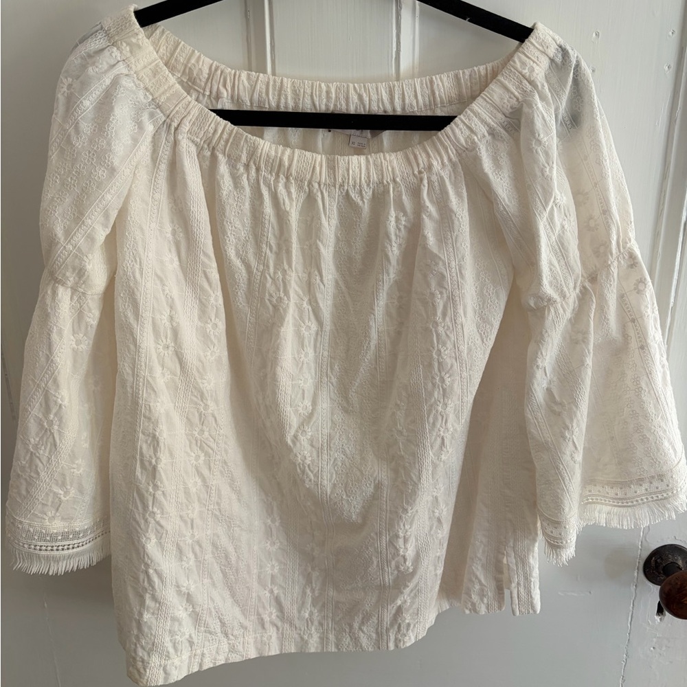 LOFT Cream Off-Shoulder Lace-detail Blouse